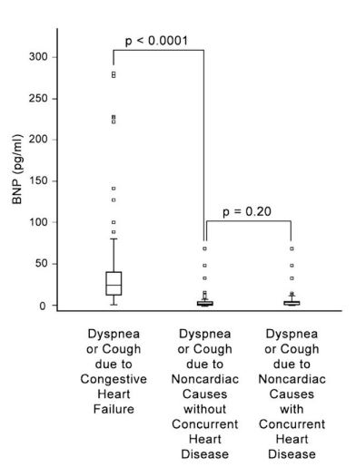 Box plot of plasma B-type natriuretic peptide (BNP) concentrations for 3 groups of dogs presenting with cough or dyspnea
