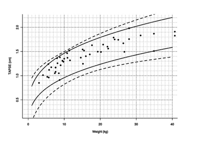 Референтные интервалы регрессии: диаграмма рассеяния с 2,5 и 97,5 сантилями (сплошные линии) систолического отклонения трикуспидальной плоскости (TAPSE) (см) у здоровой группы собак от веса (кг)