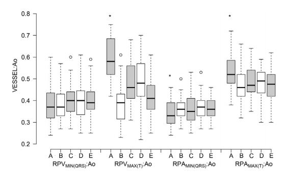 Boxplots of mechanically and electrocardiographically timed ratios of RPA or RPV and Ao obtained from different views