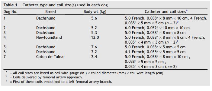 Catheter type and coil size(s) used in each dog