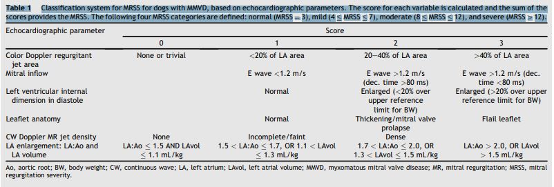 Classification system for MRSS for dogs with MMVD, based on echocardiographic parameters