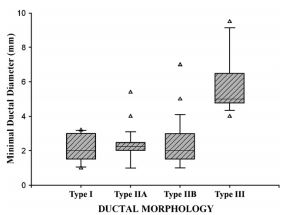 Vertical box plots displaying the distribution of minimum internal ductal diameter and ductal morphology