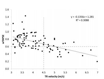 wTAPSE has a modest negative linear relationship with tricuspid regurgitation velocity in dogs with pulmonary hypertension